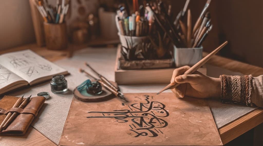 Calligrapher writing Arabic script at the atelier desk