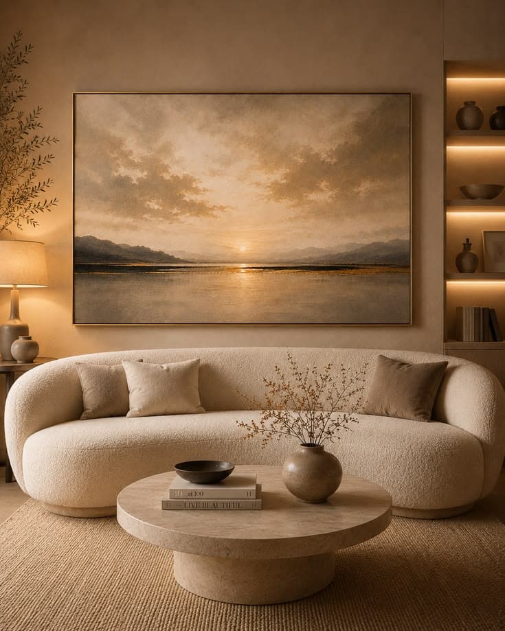 Soft Minimal Neutral Living Room with Calm Luxury Landscape Wall Art