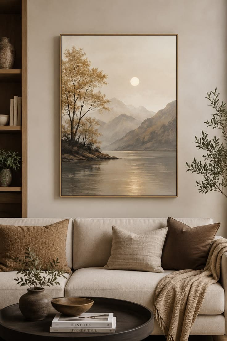 Warm Minimalist Living Room Decor | Serene Landscape Wall Art Ideas